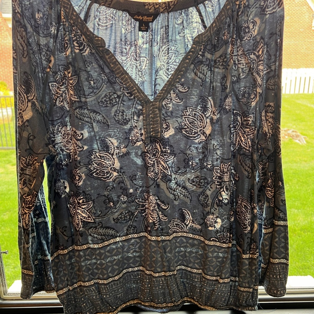 Lucky Brand Navy and Cream Floral V-Neck Long Sleeve Blouse